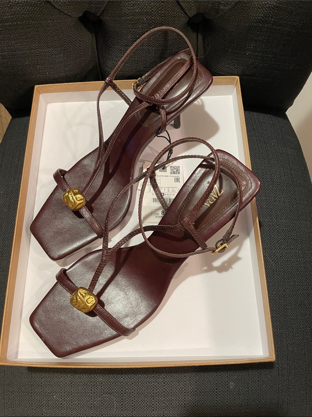 Zara Dark Brown Strappy Square-Toe Heeled Sandals with Gold Accents